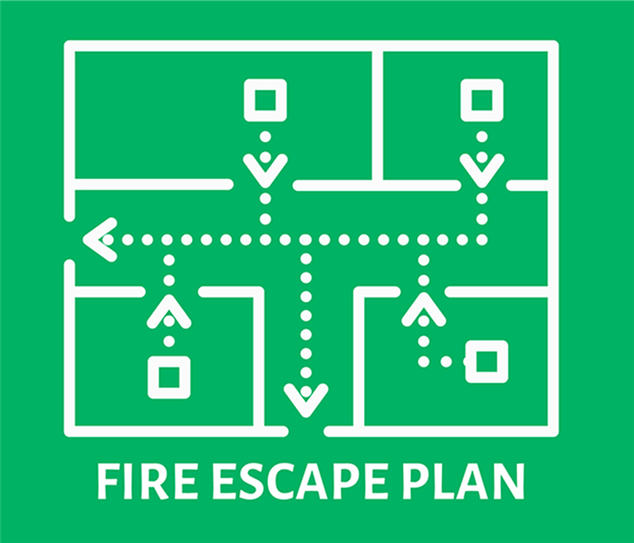Green background, map routes, fire escape plan
