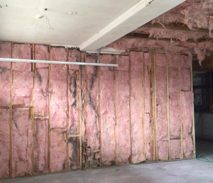 Exposed insulation in a garage.